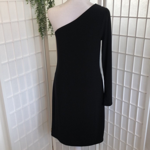WHITE HOUSE BLACK MARKET Elegant Black One-Shoulder Knit Dress, Size Small. - Picture 5 of 5